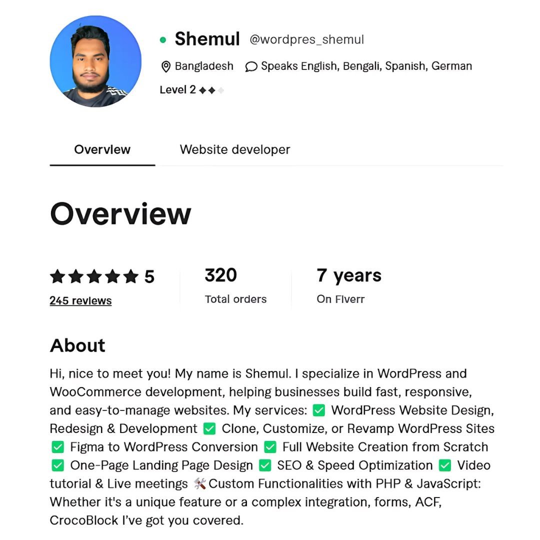 Shemul Expert wordpress developer Fiverr Profile